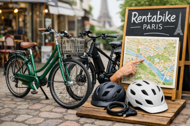 Blue front wheel of a city bike with helmets and a map of Paris, showcasing Rentabike Paris rental options